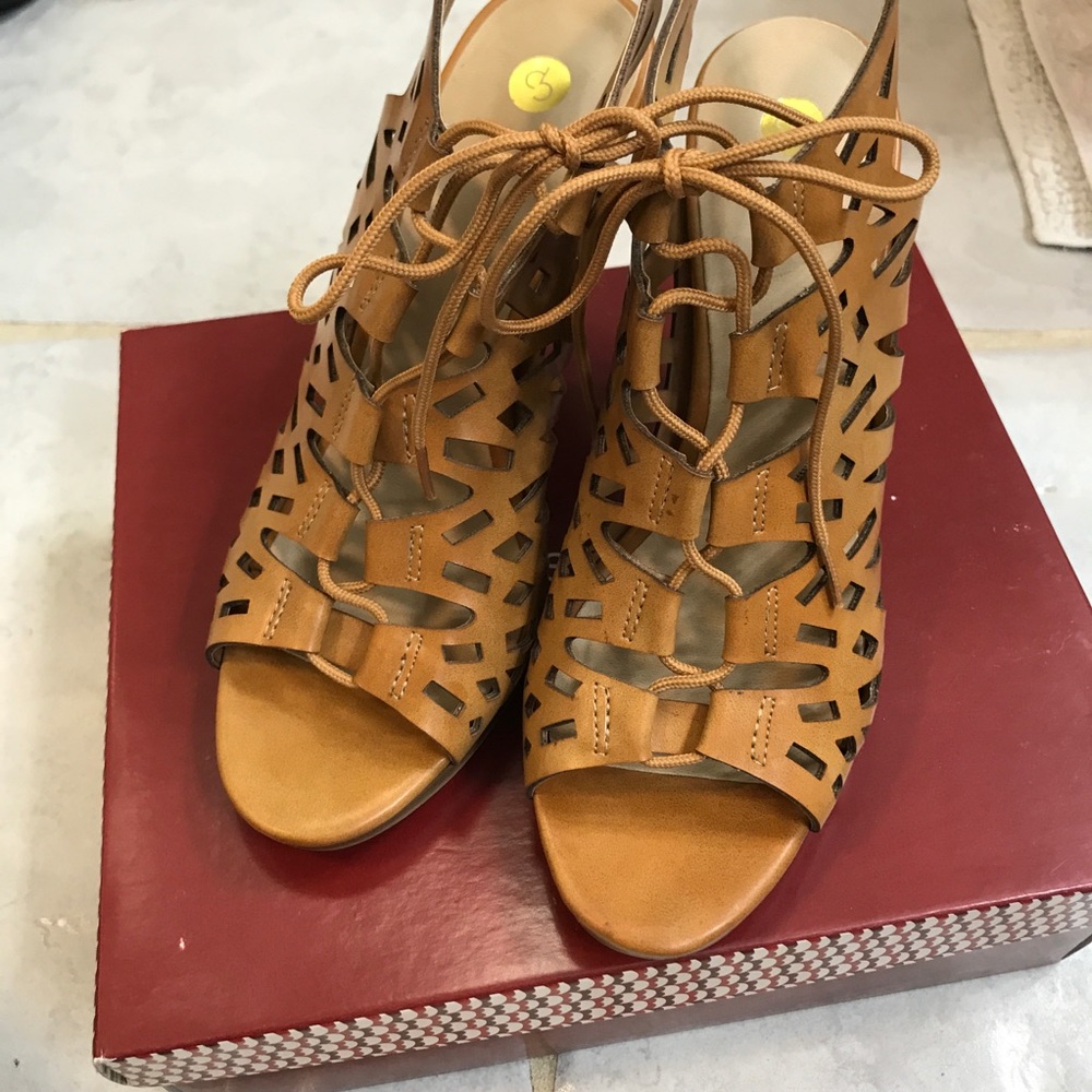 Brown Leather Peep Toe Heels